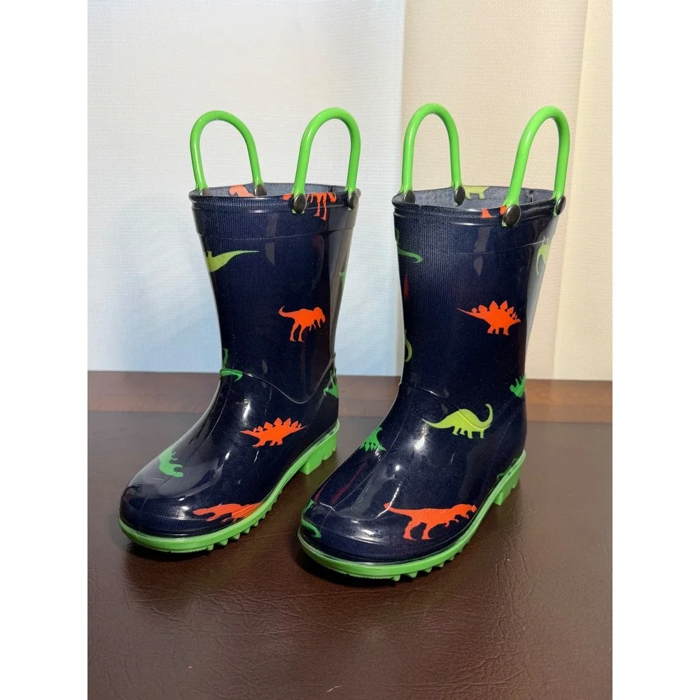 Kids Navy Blue Dinosaur Print Waterproof Rain Boots Pull On Green Handles 6-7